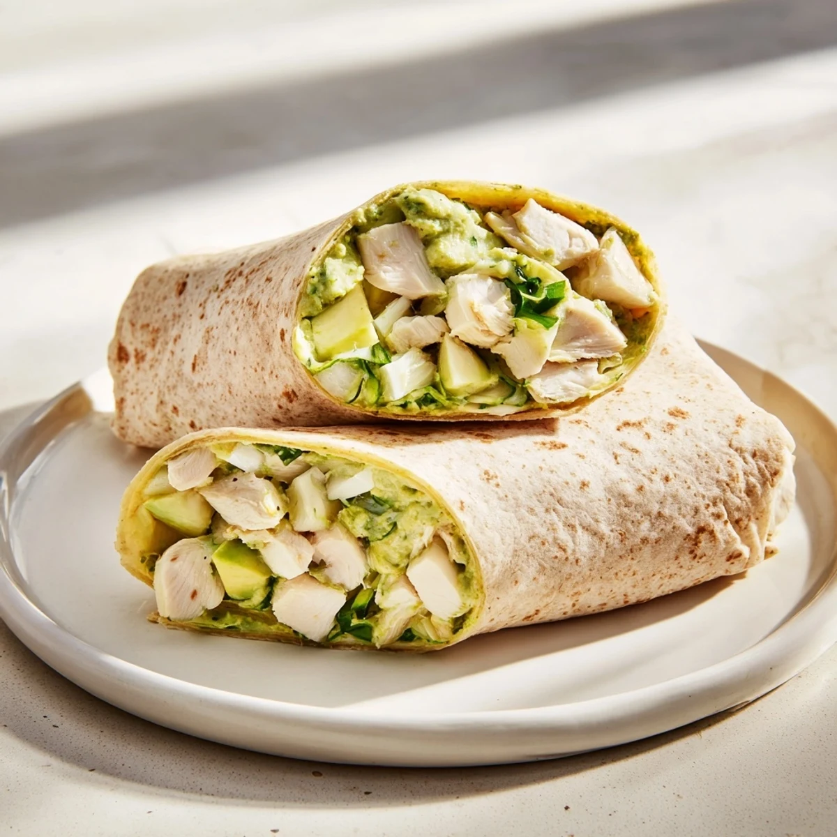 A close-up of a Green Goddess Wellness Wrap showcasing the colorful filling of fresh ingredients.