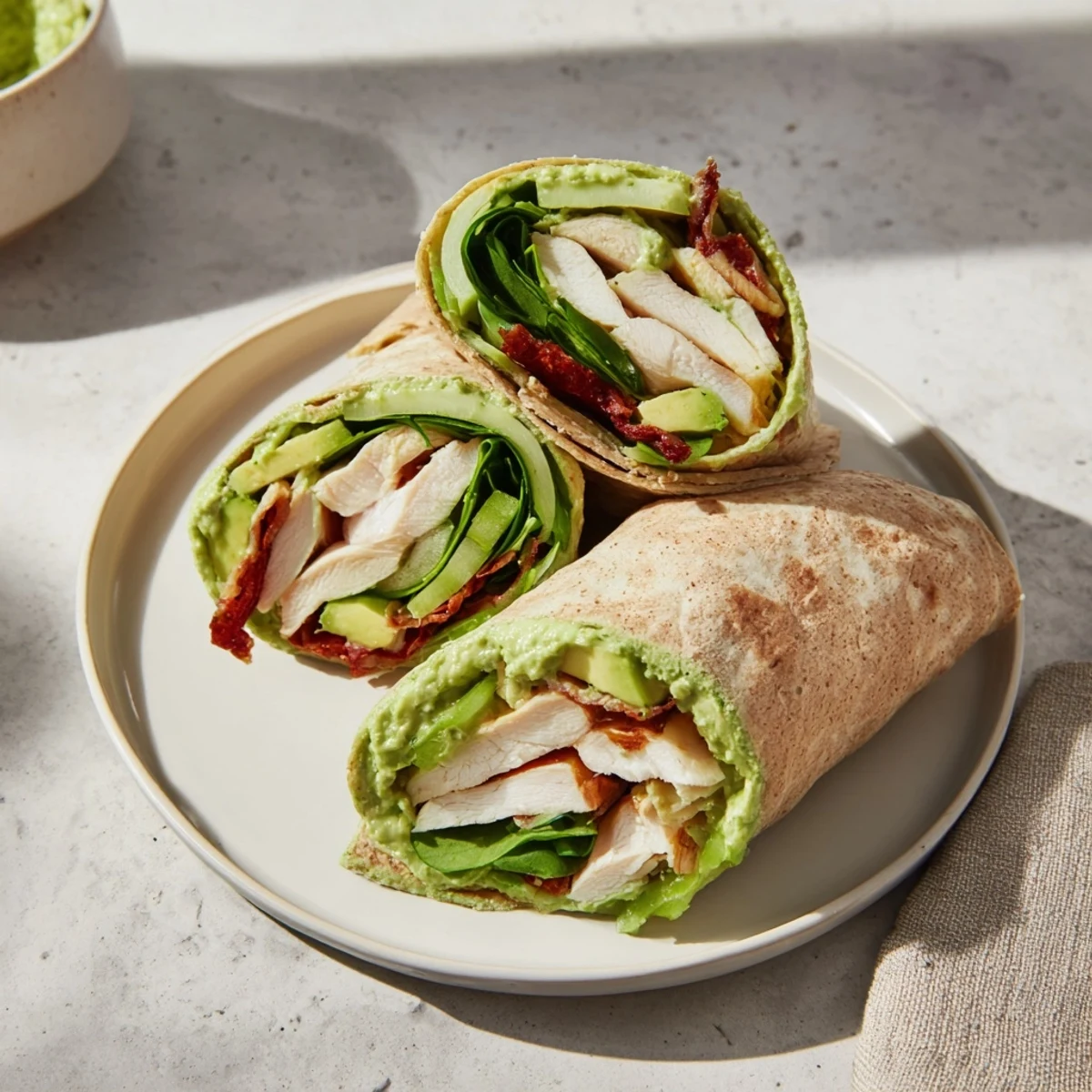 Vibrant Green Goddess Wellness Wrap bursting with fresh avocado, chicken, and creamy dressing, perfect for lunch.