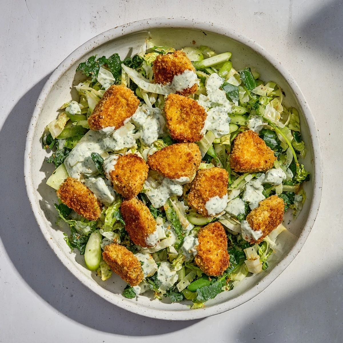 Crispy air-fried chicken nuggets atop a vibrant Green Goddess Nugget Salad, perfect for lunch.