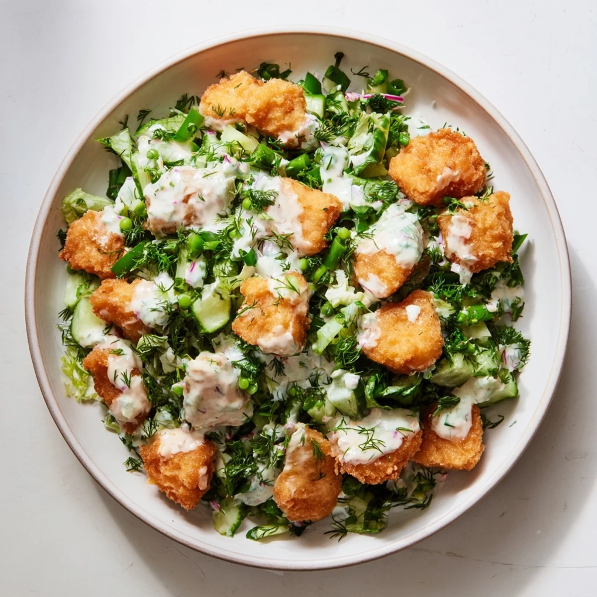 A close-up of a refreshing Green Goddess Nugget Salad with bright green dressing, ready to enjoy.