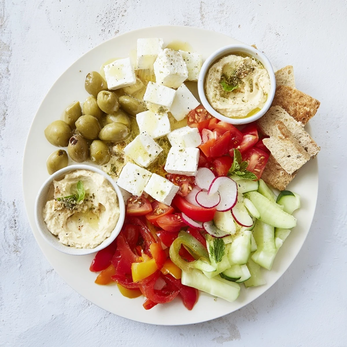 Sun-drenched patio mezze platter featuring feta, cucumbers, and fresh veggies, ready to enjoy.