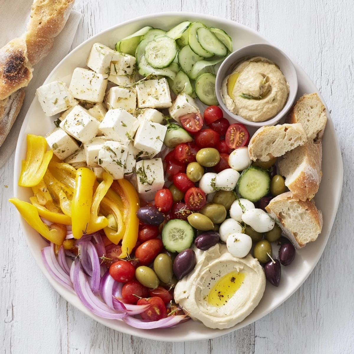 A beautifully arranged sun-drenched patio mezze showcases healthy feta, hummus, and olive oil flavors.