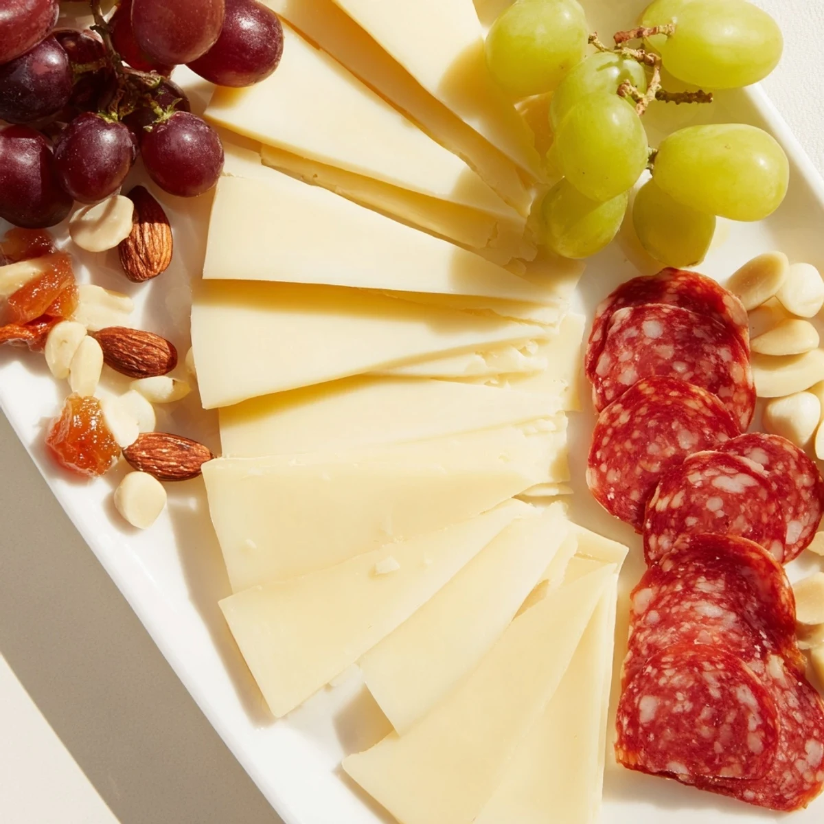 Geometric Gala charcuterie board: A colorful array of triangle cheeses, rhomboid meats and grapes.