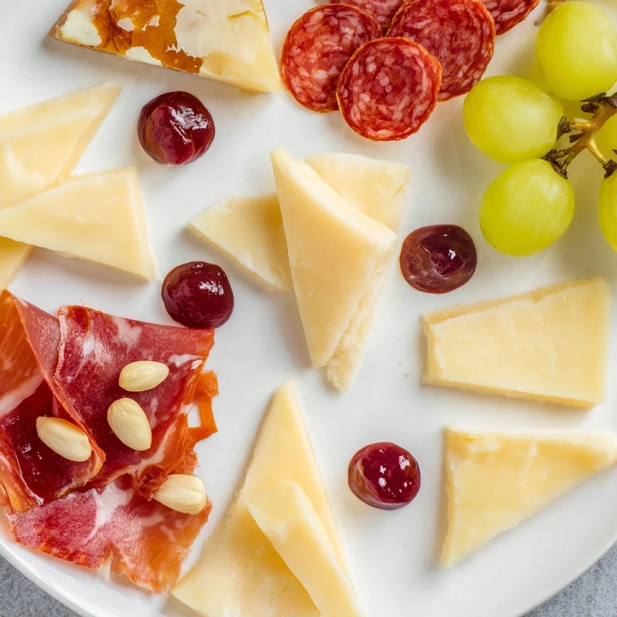 Enjoy an artistic Geometric Gala charcuterie board: triangles of cheese intermingled with meats and fresh figs.