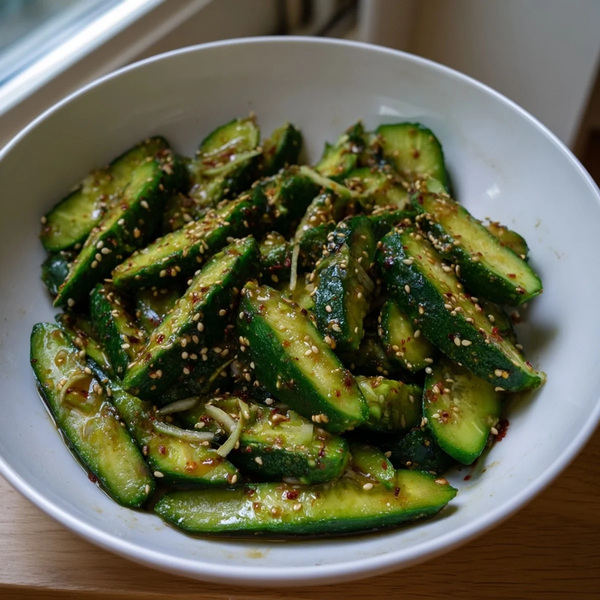 Close-up shot: Colorful Cucumber Shaker salad with spring onions, an easy umami-packed side dish to enjoy.