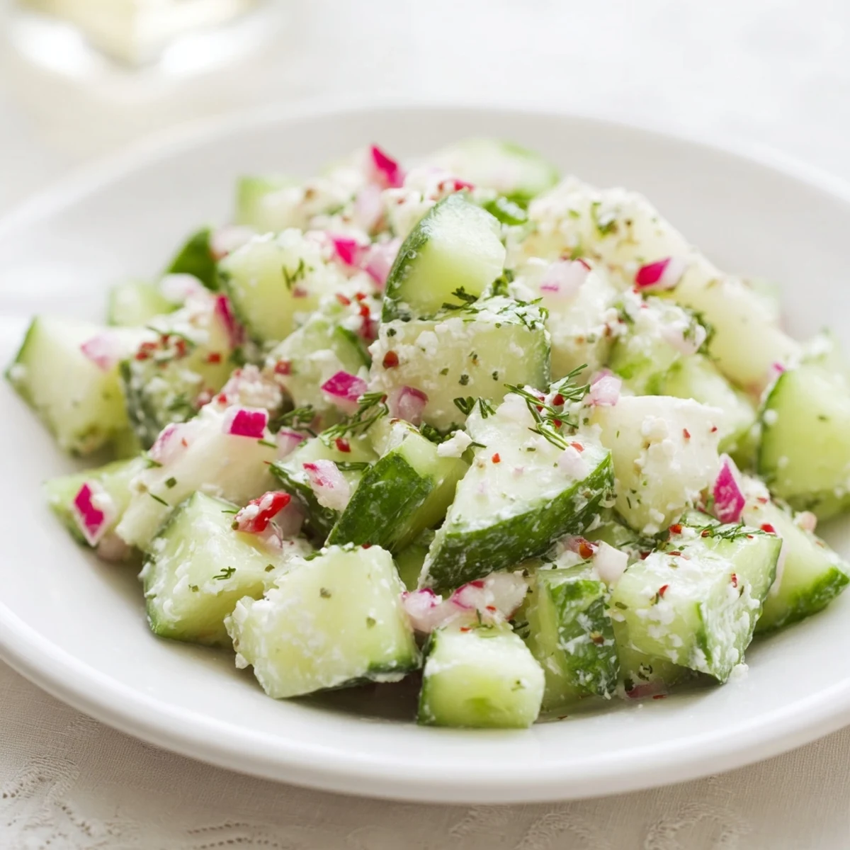 Showcasing the cool, refreshing texture of the cucumber and Greek yogurt tzatziki salad before serving.