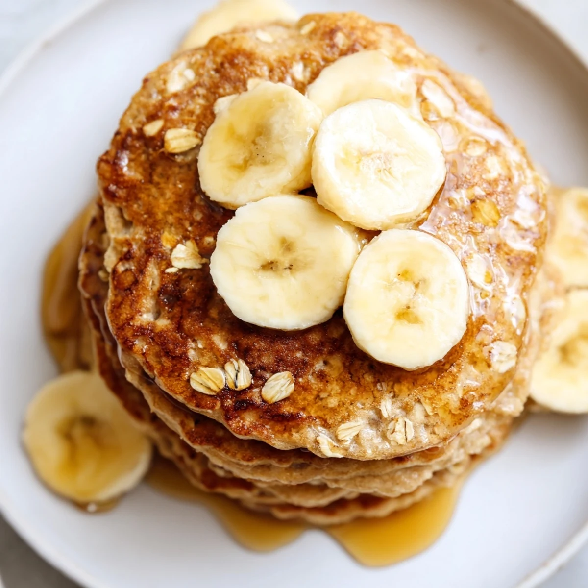 Golden-brown Banana Oat Pancakes stacked with fresh blueberries, ready for a delicious breakfast.