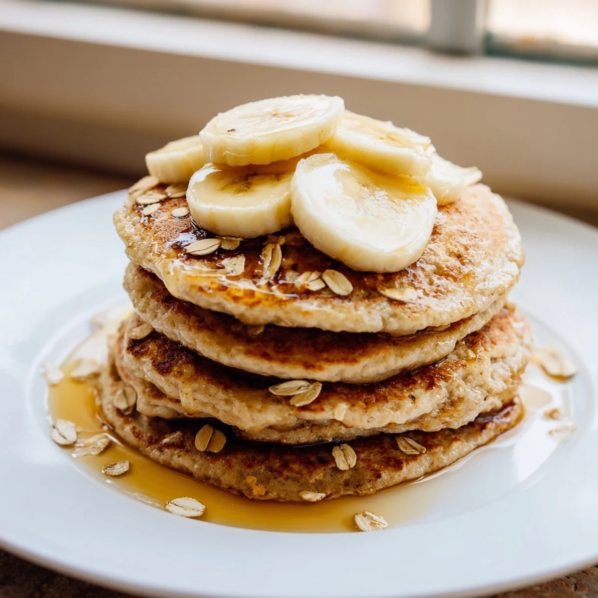 A stack of fluffy Banana Oat Pancakes drizzled with maple syrup, perfect for a weekend brunch.