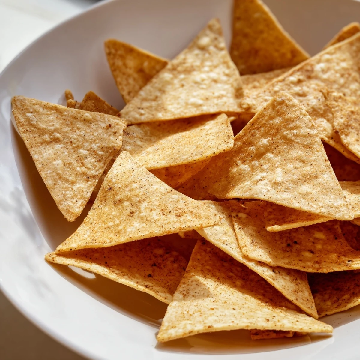 Golden-brown, crispy homemade air-fryer tortilla chips ready to savor with dip and flavor.