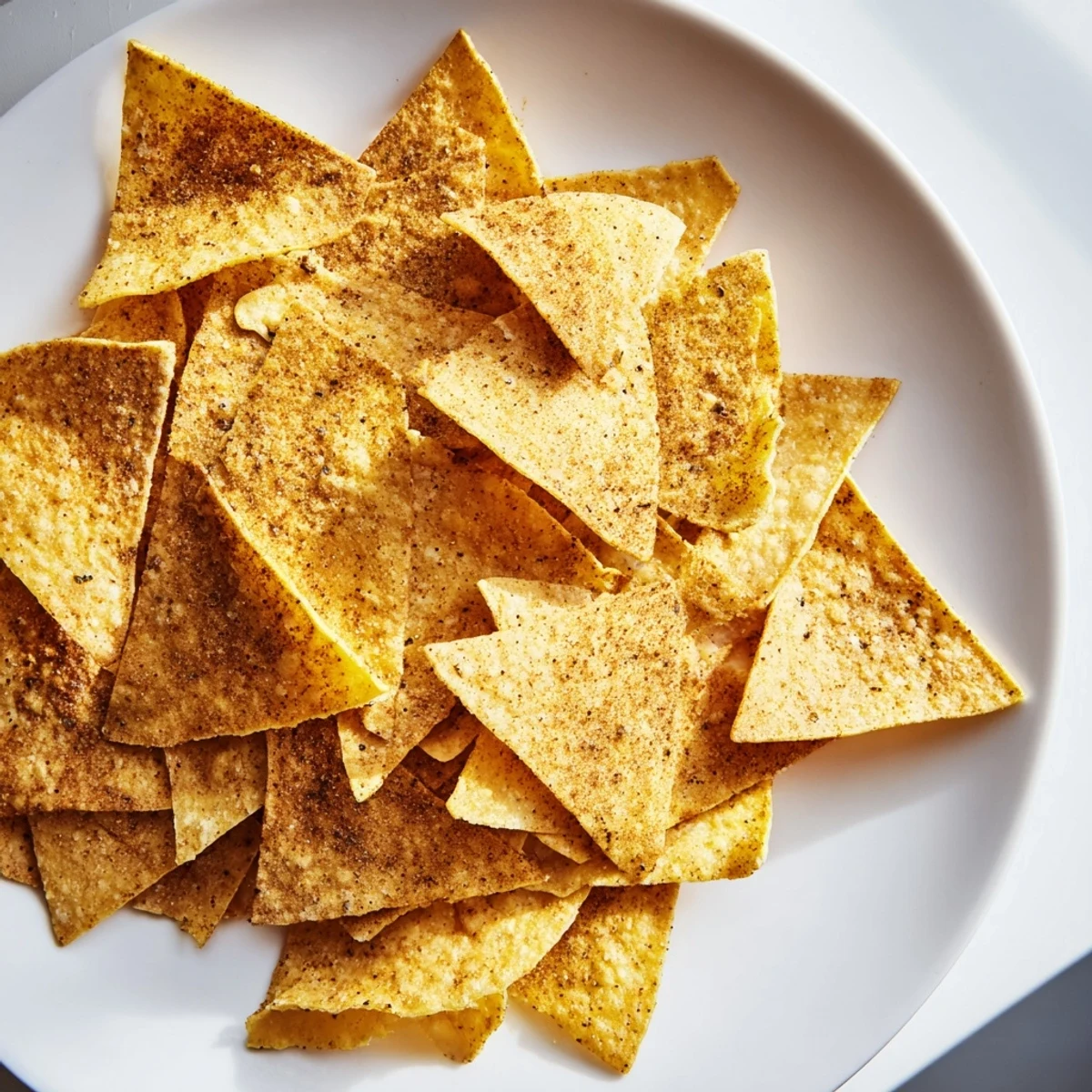 A close-up of freshly made, flavorful air-fryer tortilla chips, offering a crispy, satisfying bite.