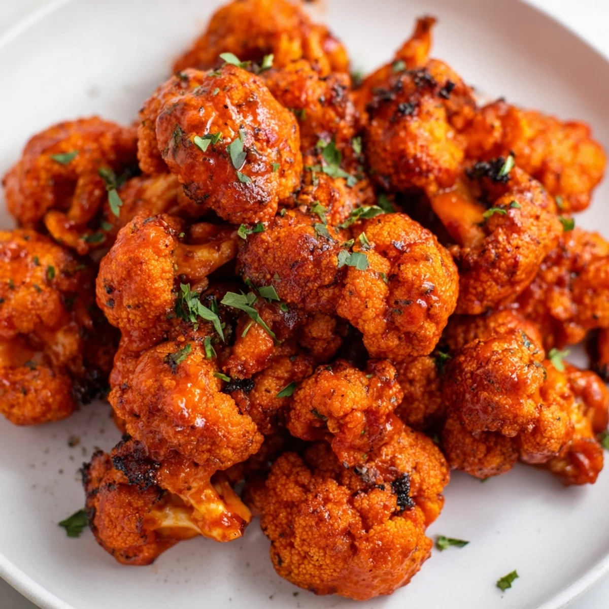 Golden, crispy Sriracha-Buffalo Cauliflower Bites with a shiny, flavorful glaze, ready to enjoy.