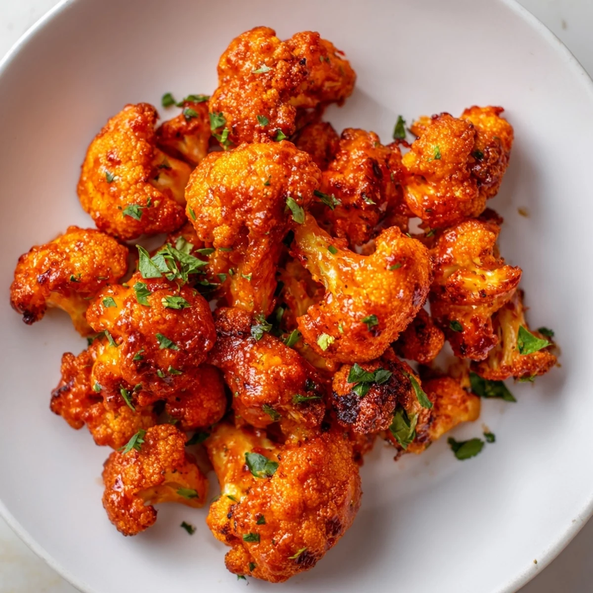 Close-up of vibrant Sriracha-Buffalo Cauliflower Bites, coated in sauce and sprinkled with fresh herbs.