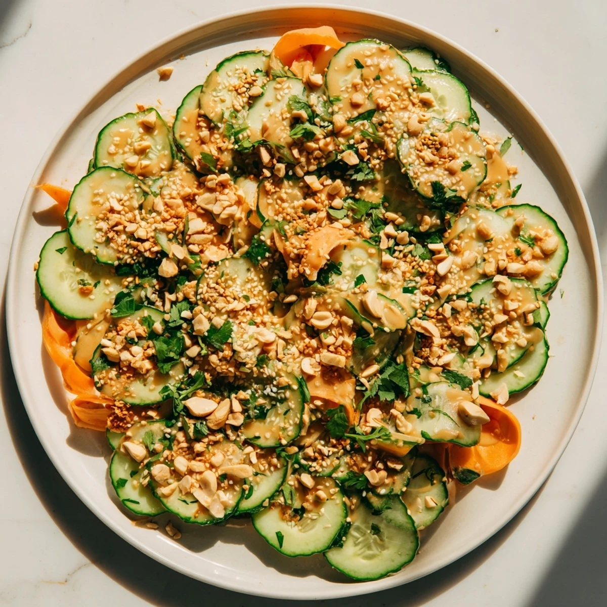 Fresh Thai-Style Peanut Cucumber Salad, vibrant with cilantro and peanuts, ready to enjoy.