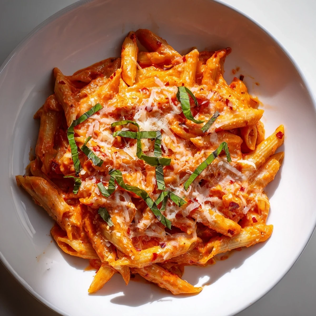 Close-up shot shows a forkful of Basil Garlic One-Pot Creamy Tomato Pasta, ready to savor.