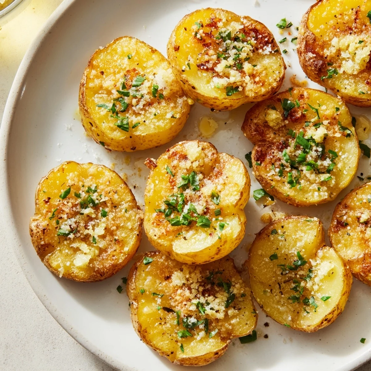 Golden-brown Parmesan smashed potatoes with crispy edges, ready to enjoy as a flavorful American side.