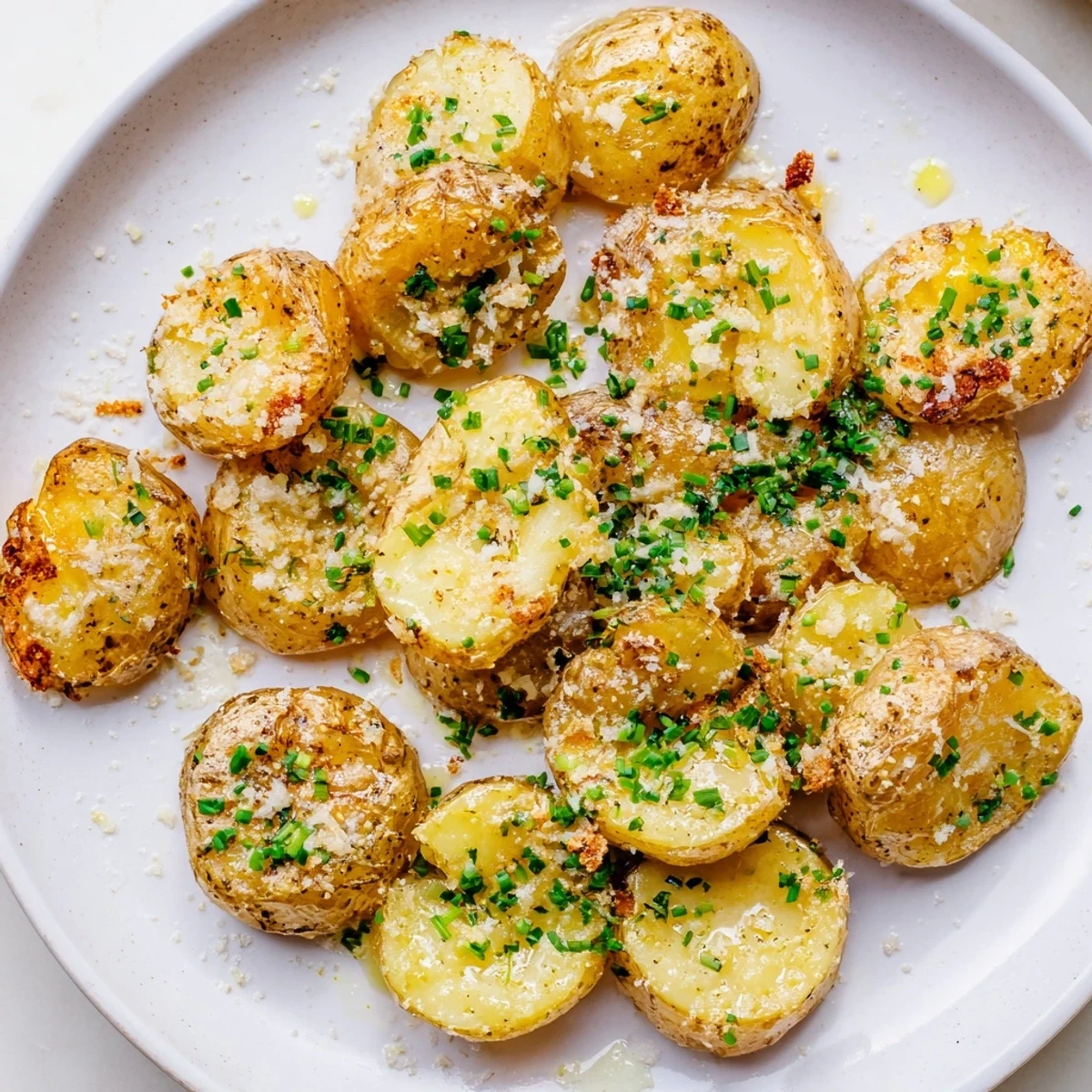 A serving of warm Parmesan smashed potatoes, garnished with fresh herbs, a perfect vegetarian meal.