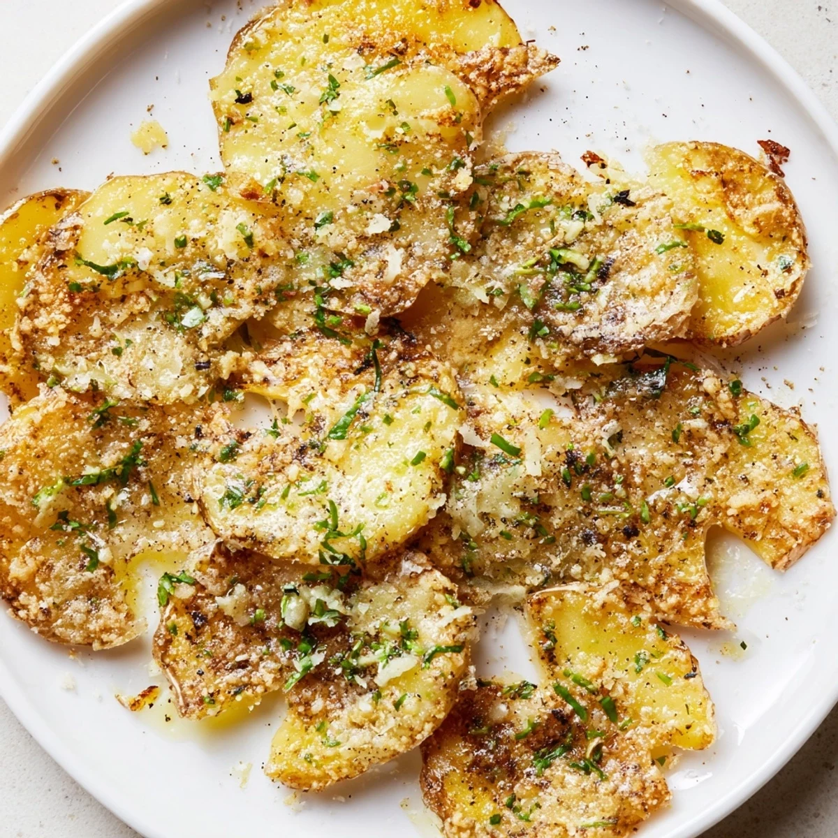 Close-up of garlic-herb Parmesan smashed potatoes, showing fluffy insides and crunchy, golden exteriors.