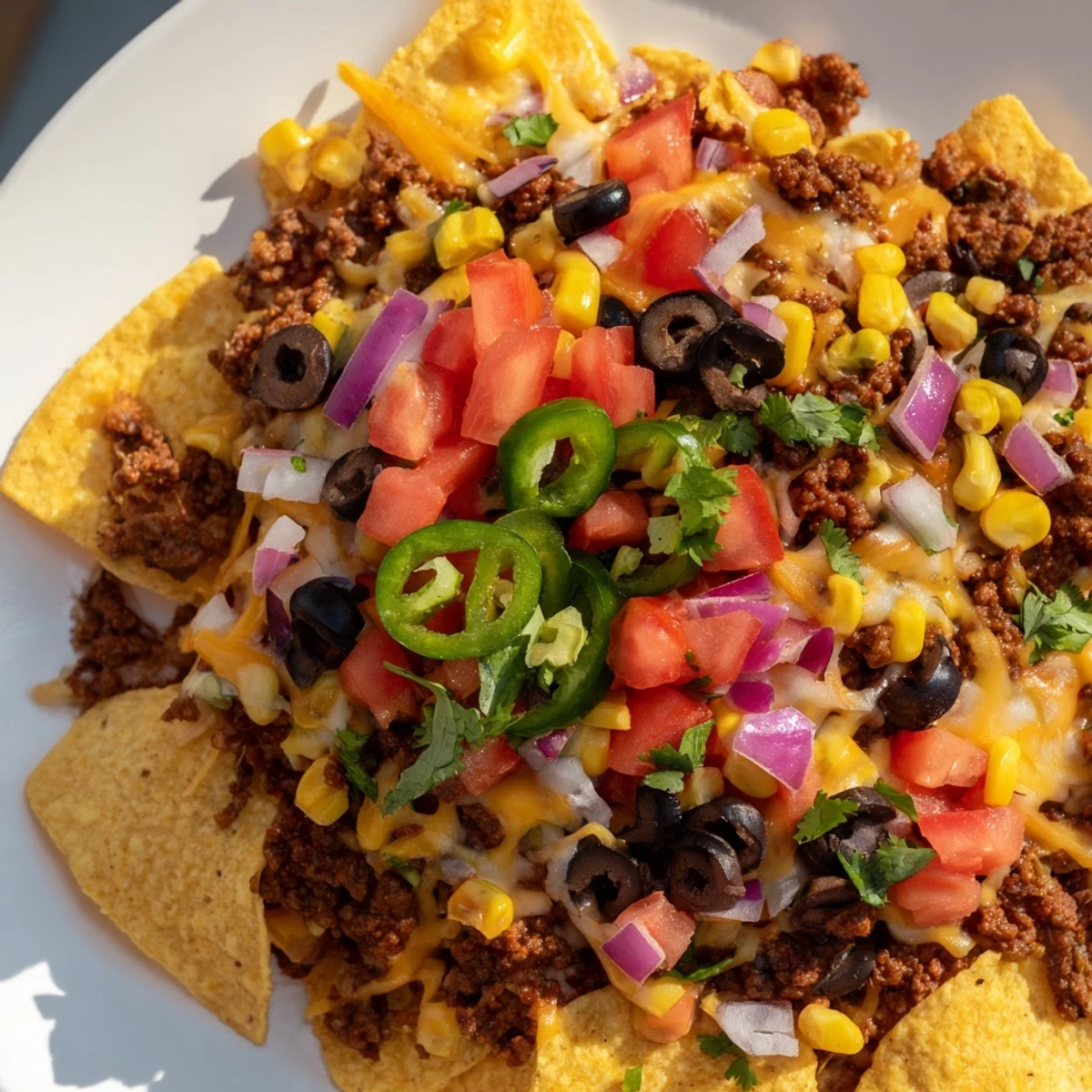 Steaming hot easy sheet-pan nachos with melted cheese, savory beef, and vibrant toppings, ready to enjoy.