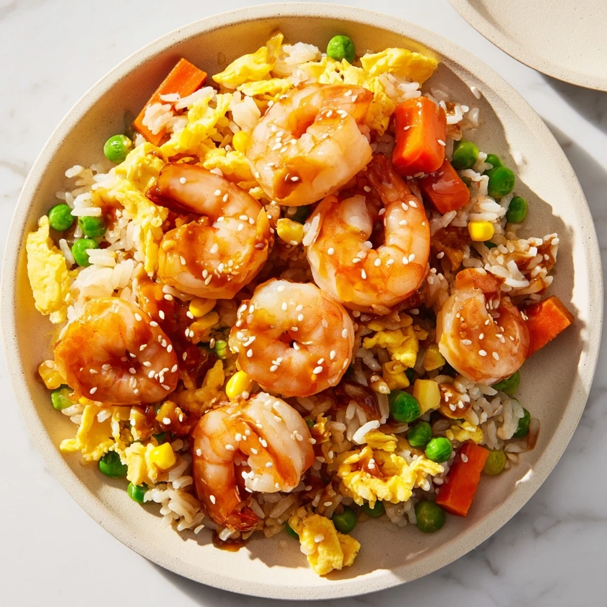 Delicious shrimp fried rice overflowing, showcasing perfectly cooked shrimp and fluffy rice.