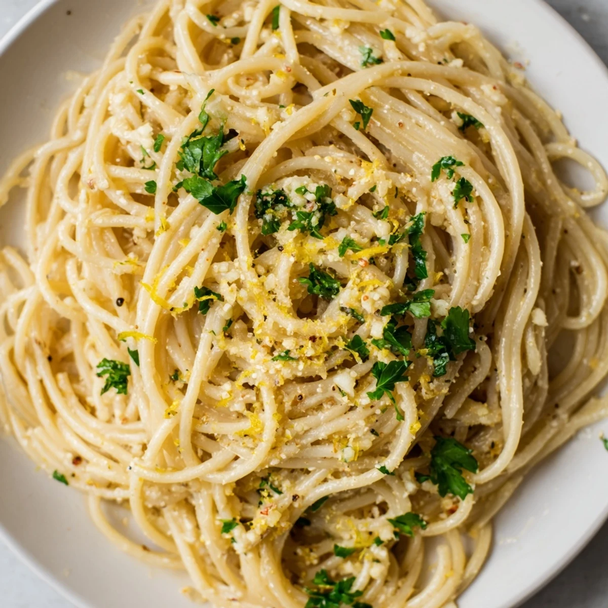 Golden swirls of Garlic Butter Noodles, fragrant and ready, with fresh parsley garnish.