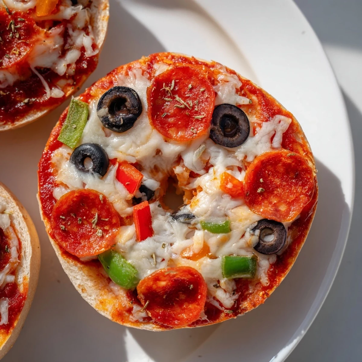 Mini bagel pizzas piled high with melted cheese and pepperoni, air-fried to golden perfection.
