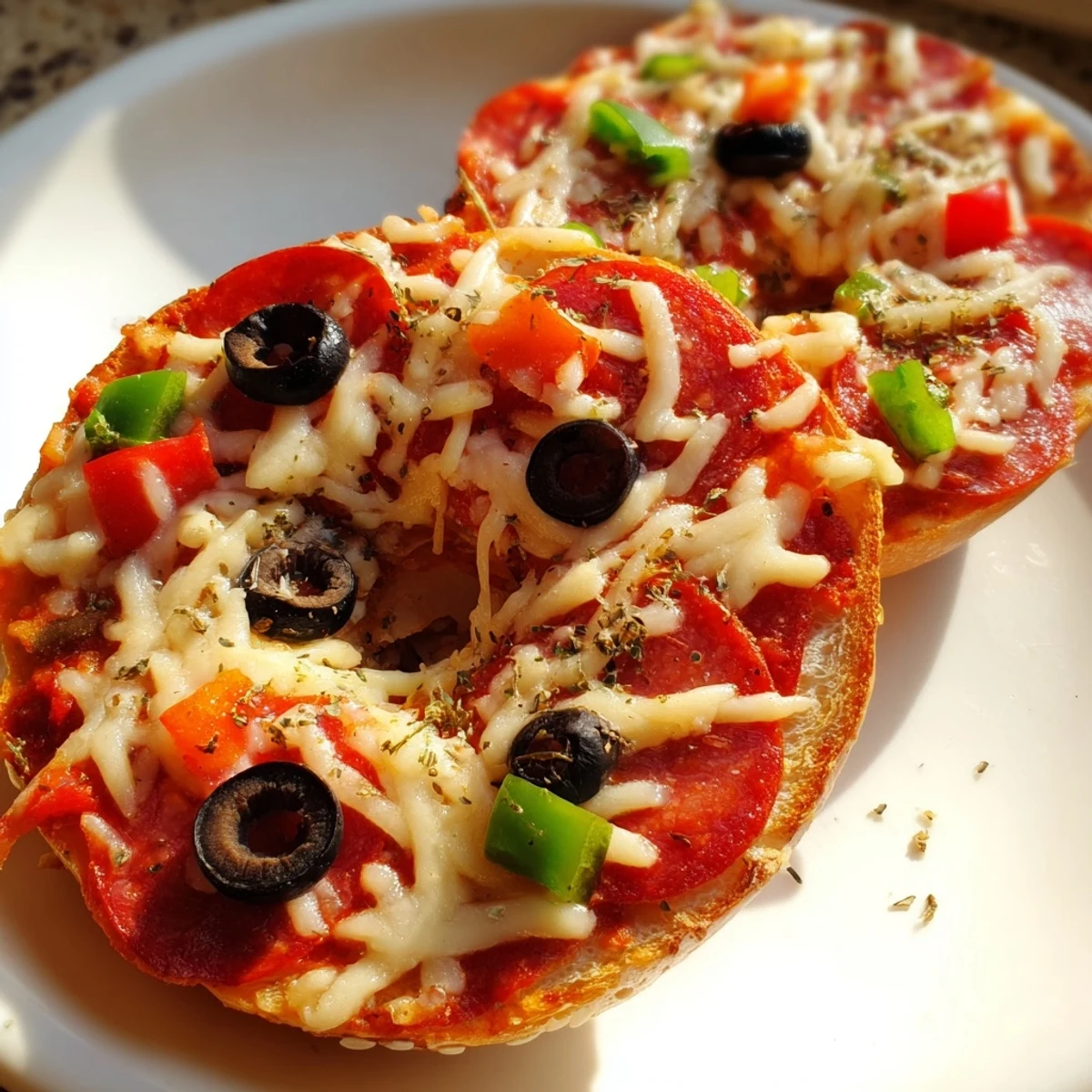 Golden, bubbly cheese and savory toppings adorn these easy, homemade mini bagel pizzas, perfect snack.