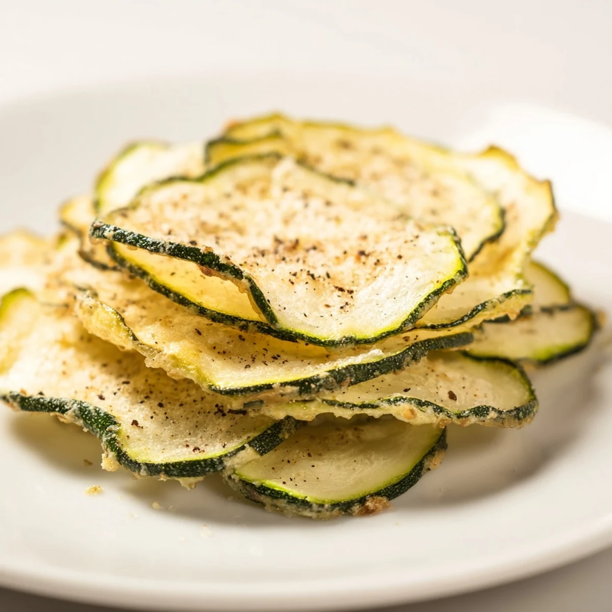 A close-up of golden, savory crispy zucchini chips, showing the delicious texture on a baking sheet.