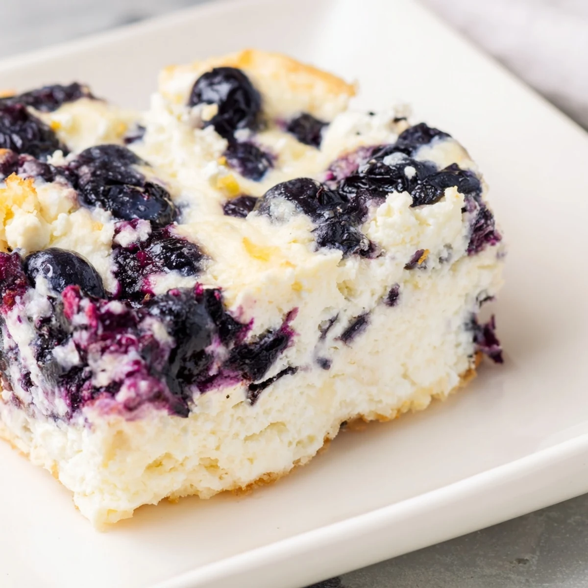 Fluffy Blueberry Cottage Cheese Bake, baked golden and studded with juicy blueberries, ready to serve.