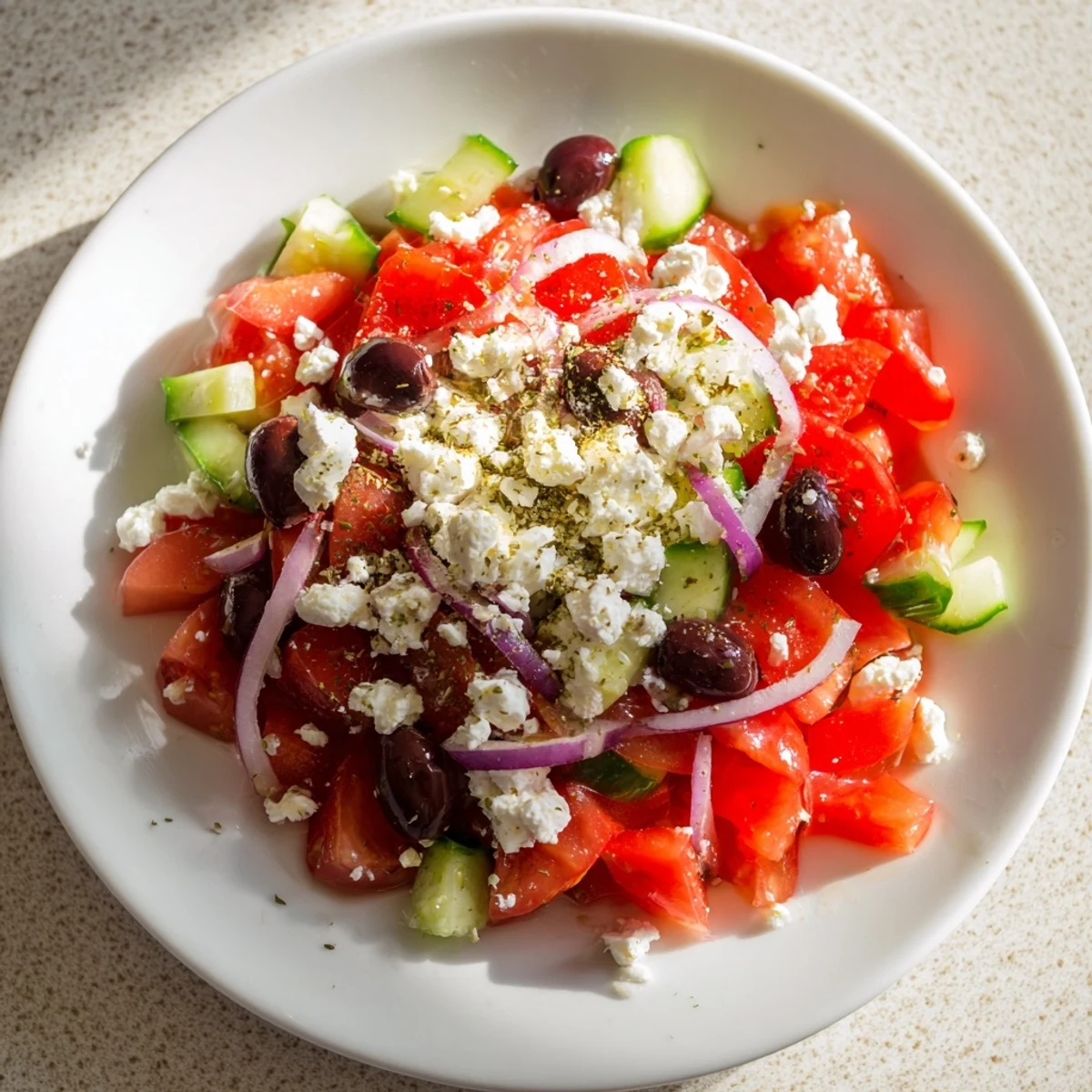 A colorful Mediterranean Salad with juicy tomatoes, olives, and creamy feta, drizzled with olive oil.