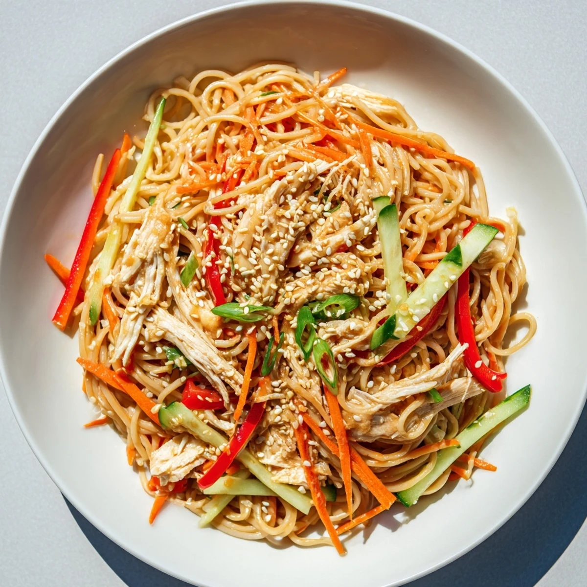 Chilled Chicken Noodle Salad: A bright, colorful bowl with noodles and shredded chicken, ready to eat.