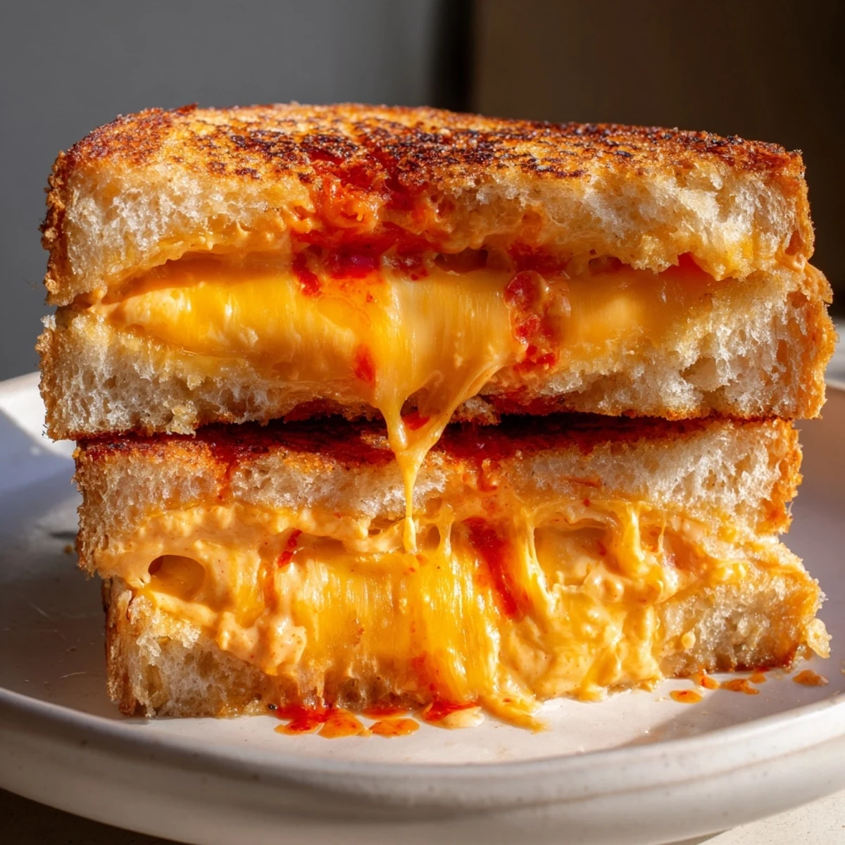 Savory Spiked Grilled Cheese with sriracha mayo, showcasing melted cheddar and perfectly toasted bread.
