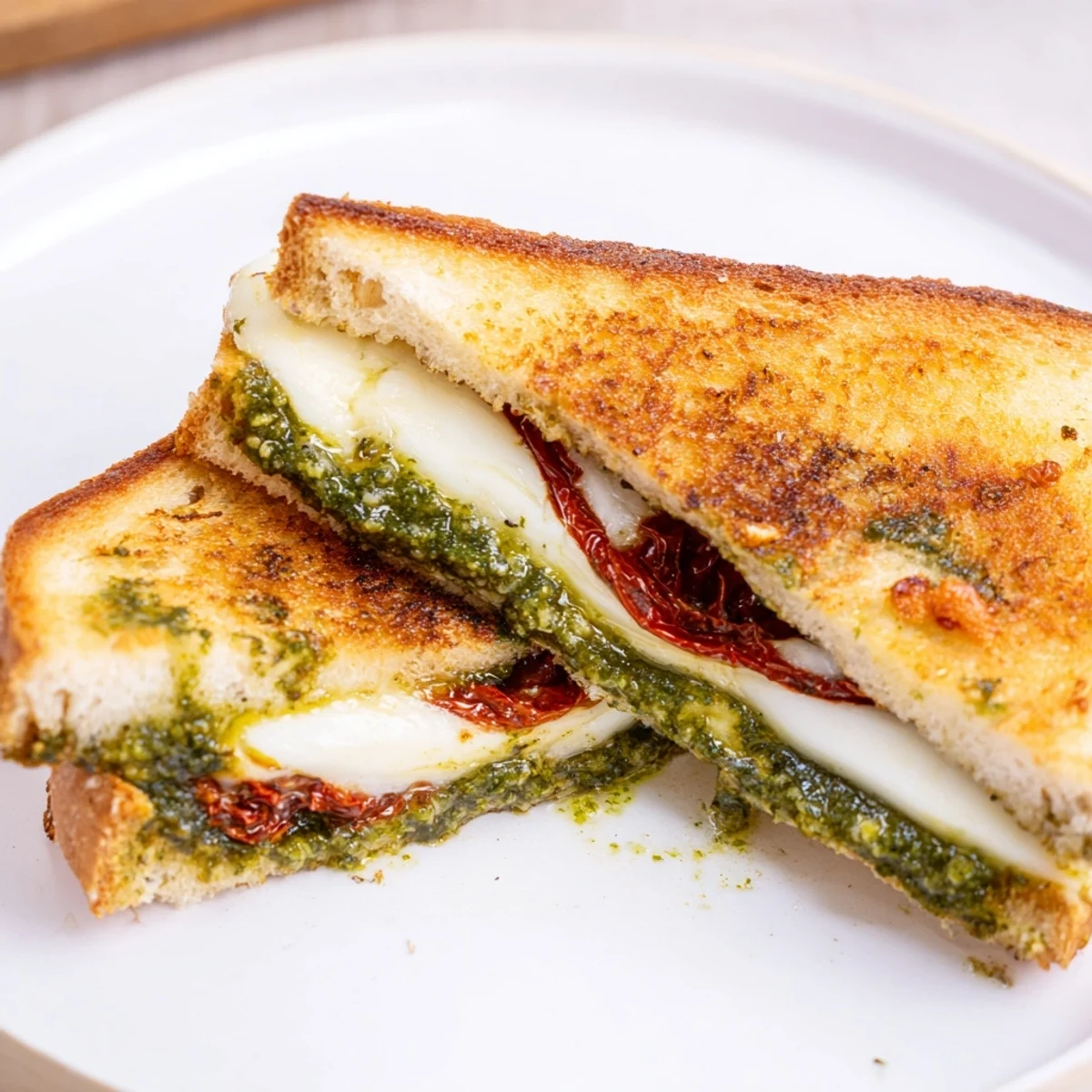 Golden grilled pesto cheese sandwich, with melted mozzarella and sun-dried tomatoes inside.