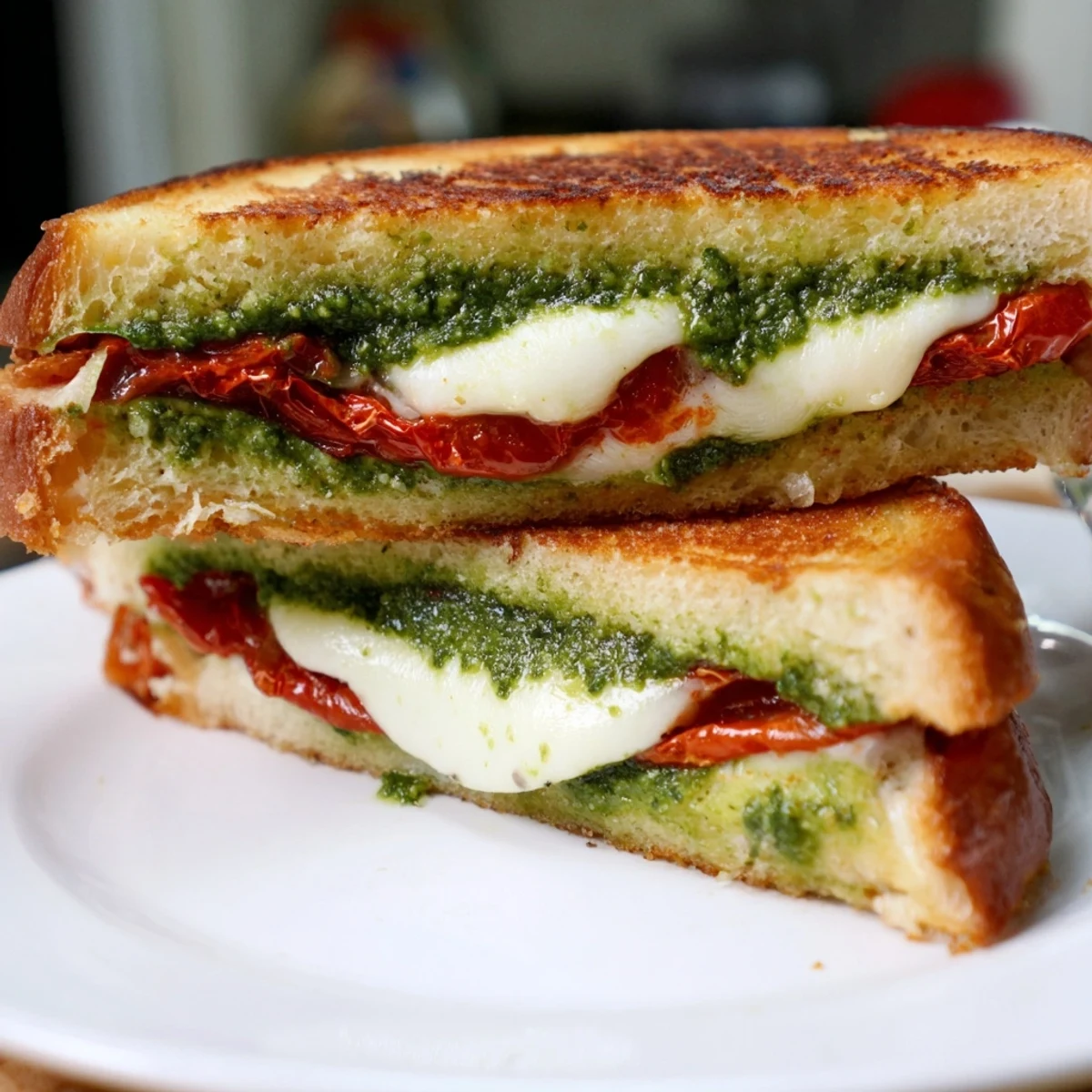 Perfectly browned edges on a flavorful pesto grilled cheese, a satisfying lunch.