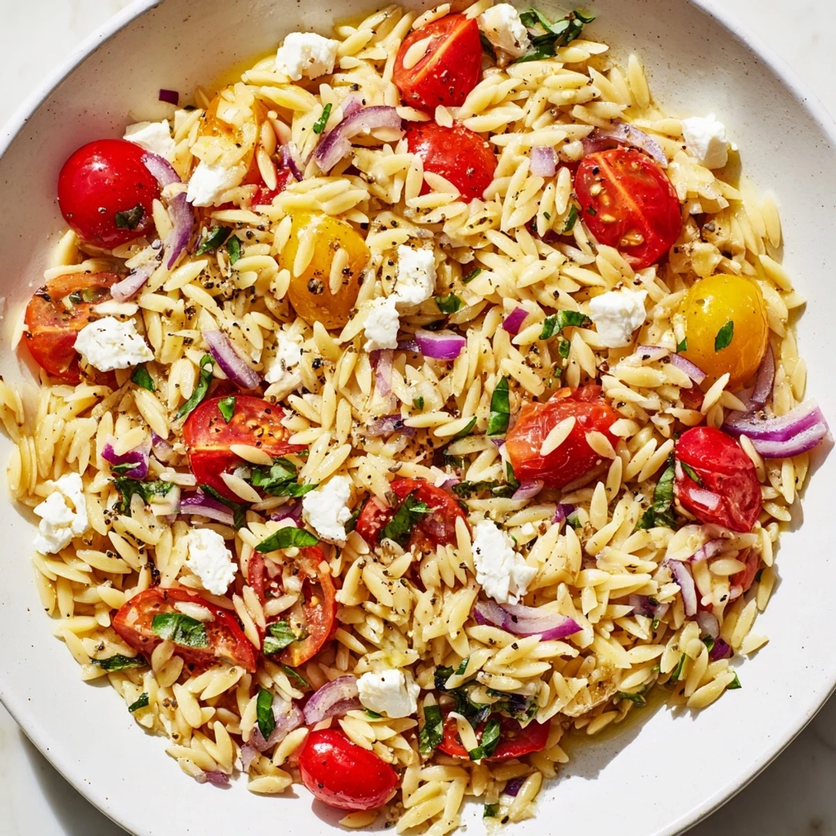 A beautiful bowl of Tomato Feta Orzo pasta salad, bursting with fresh Mediterranean flavors.