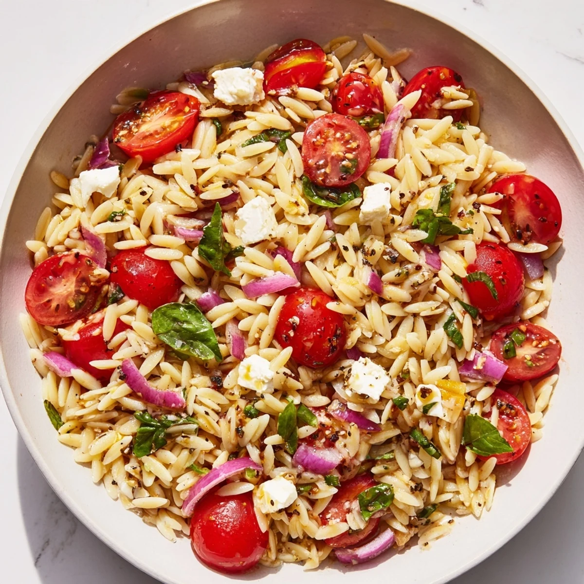 Vibrant close-up of Tomato Feta Orzo, a refreshing and delicious vegetarian side dish.