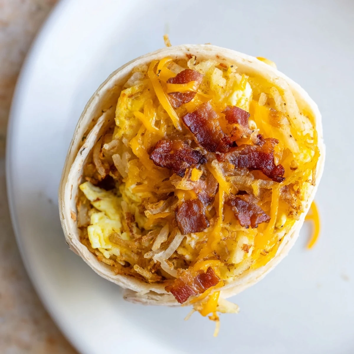 Close-up of baked B.E.C. Breakfast Bites, showcasing savory fillings within a golden tortilla wrap.