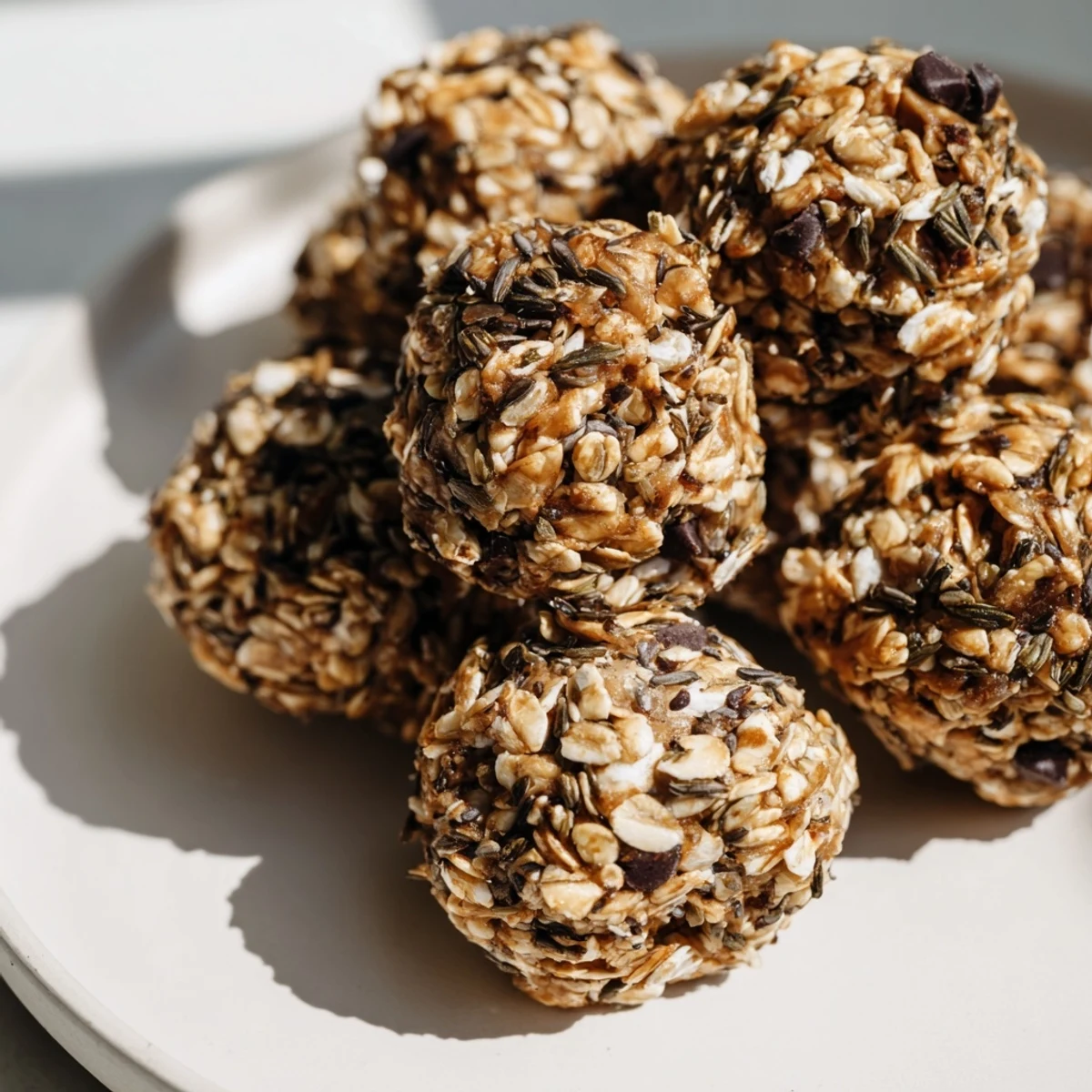 Golden-brown Almond-Chia Energy Bites ready to eat, boasting dark chocolate chips and a chewy texture.