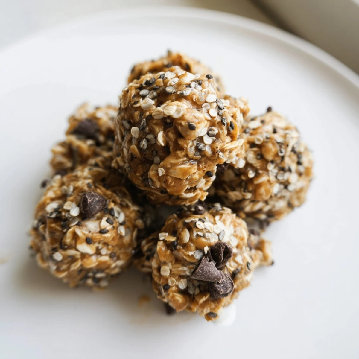 Close-up of homemade Almond-Chia Energy Bites, perfectly round and sitting on a parchment paper lined tray.