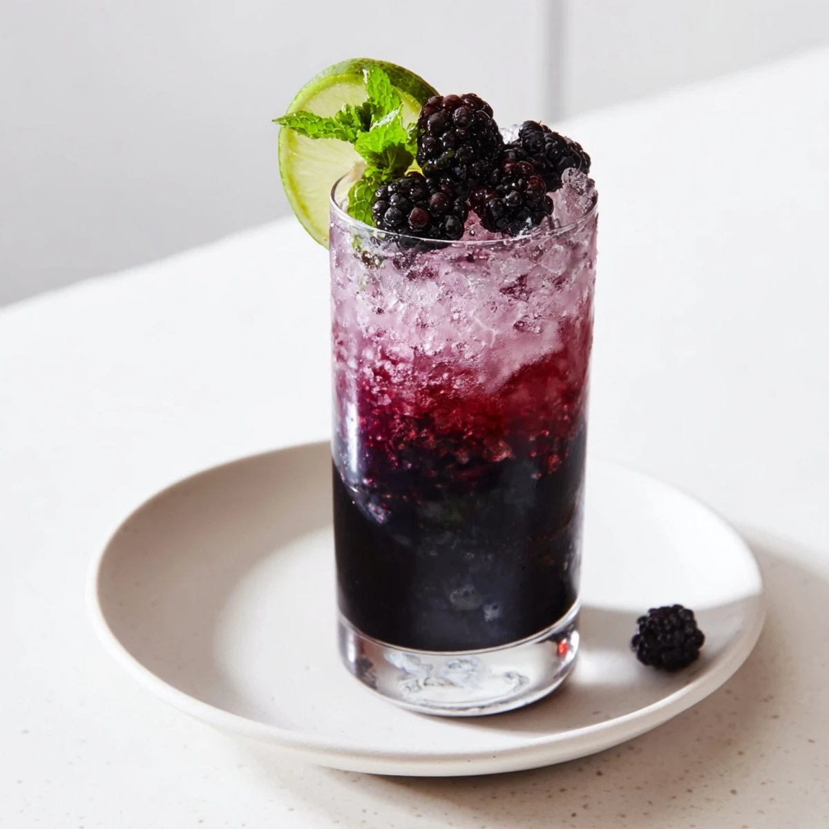 A refreshing Dark Matter Mocktail showing layered black drink, garnished with blackberries, and citrus.