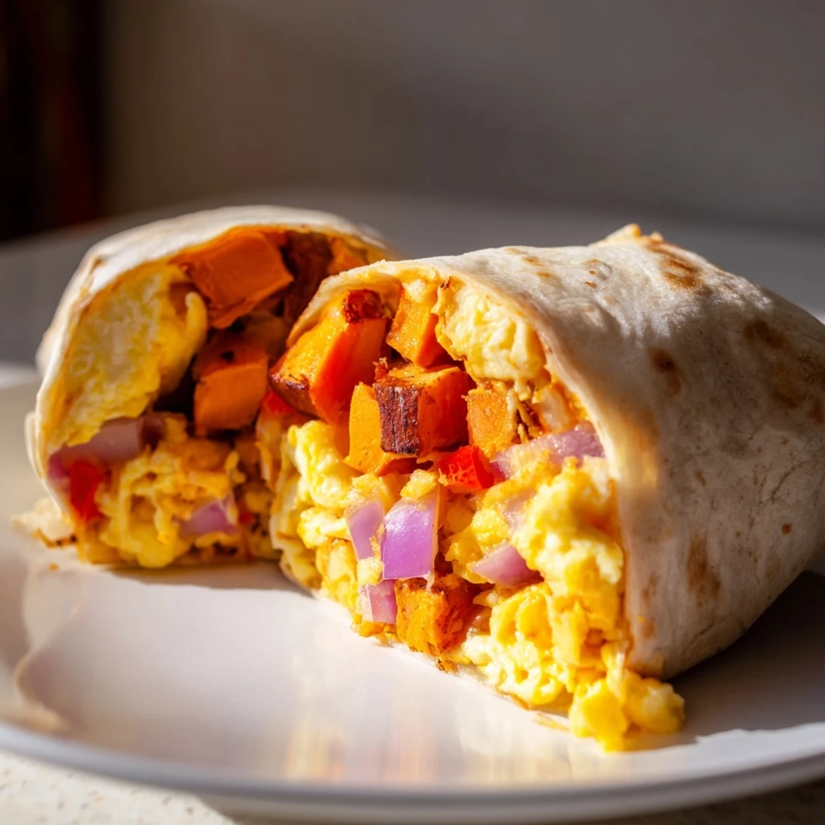 A close-up of a perfectly rolled sweet potato breakfast burrito, ready to be enjoyed or frozen.