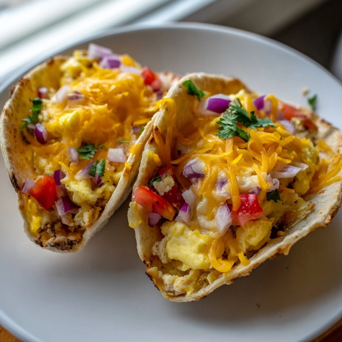 Savory Sheet Pan Breakfast Tacos with fluffy eggs and crisp taco shells, ready to serve and enjoy.