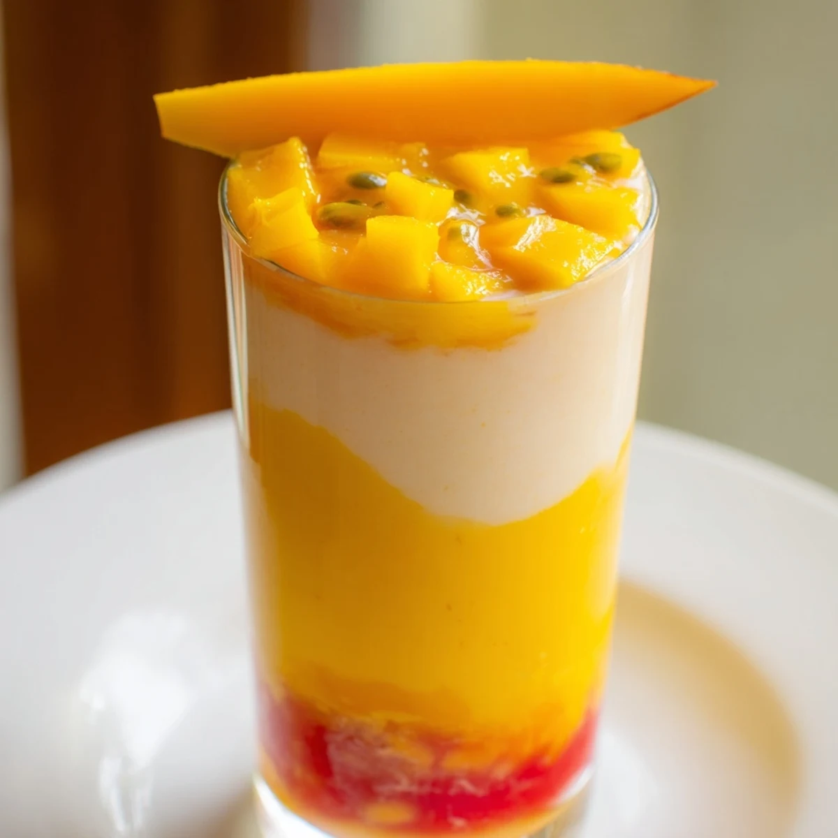 Vibrant layers of mango, passion fruit, and orange juice create a stunning Tropical Sunset Smoothie.