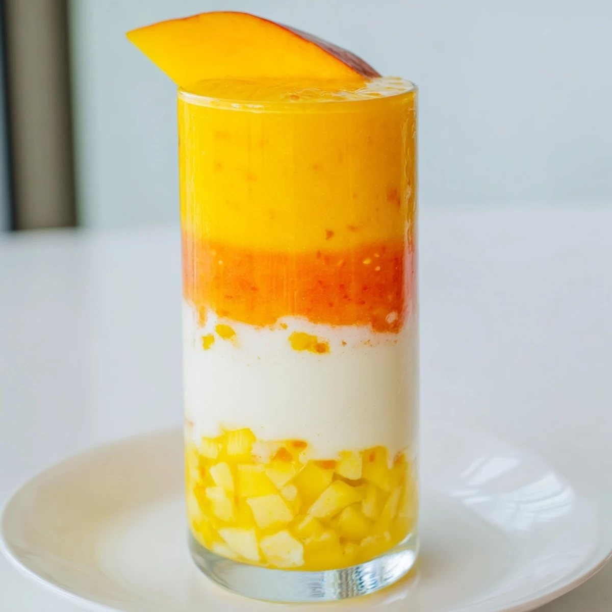 Refreshing Tropical Sunset Smoothie: A layered beauty showing mango, passion fruit, and orange hues.