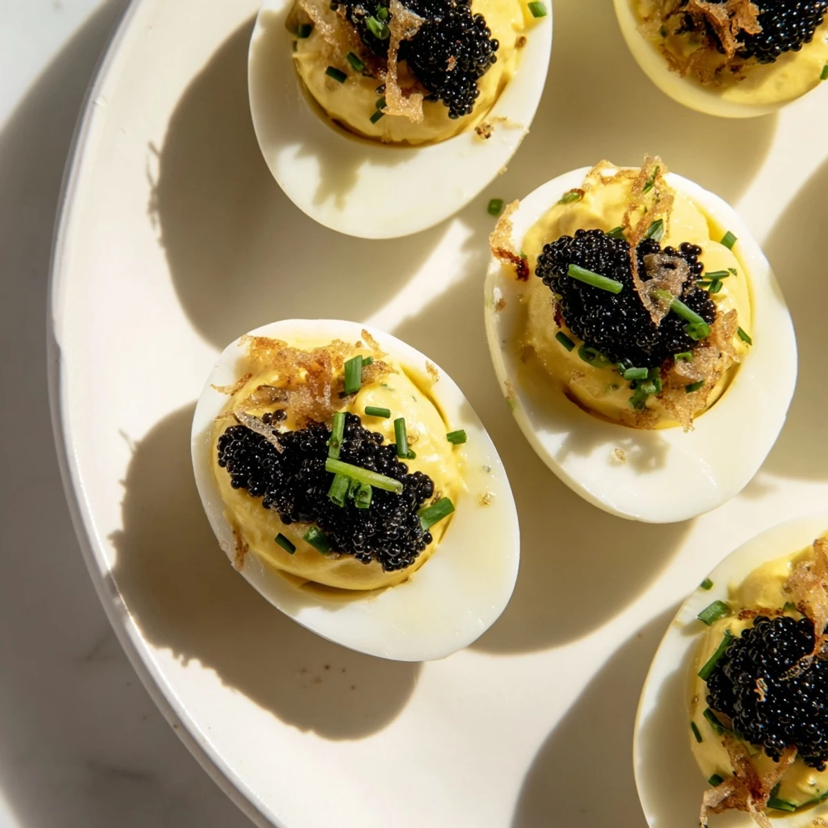 Beautiful deviled eggs with vibrant caviar and crispy shallots, perfect for an American holiday spread.