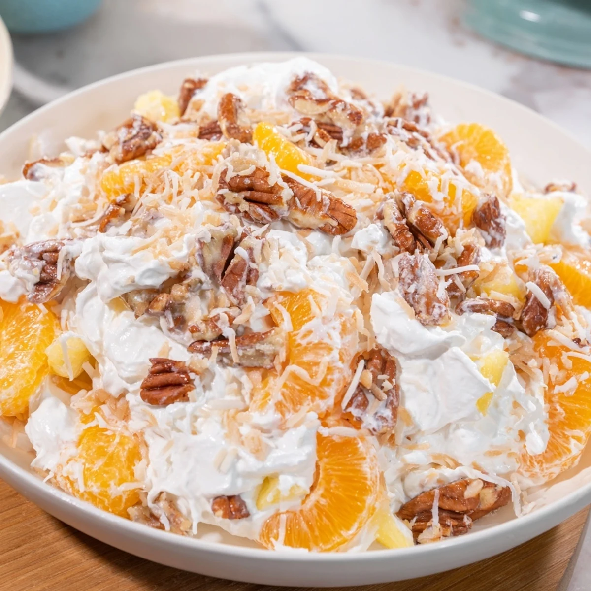 A vibrant bowl of Elevated Ambrosia Salad, showcasing mandarin oranges and toasted pecans in luscious whipped cream.