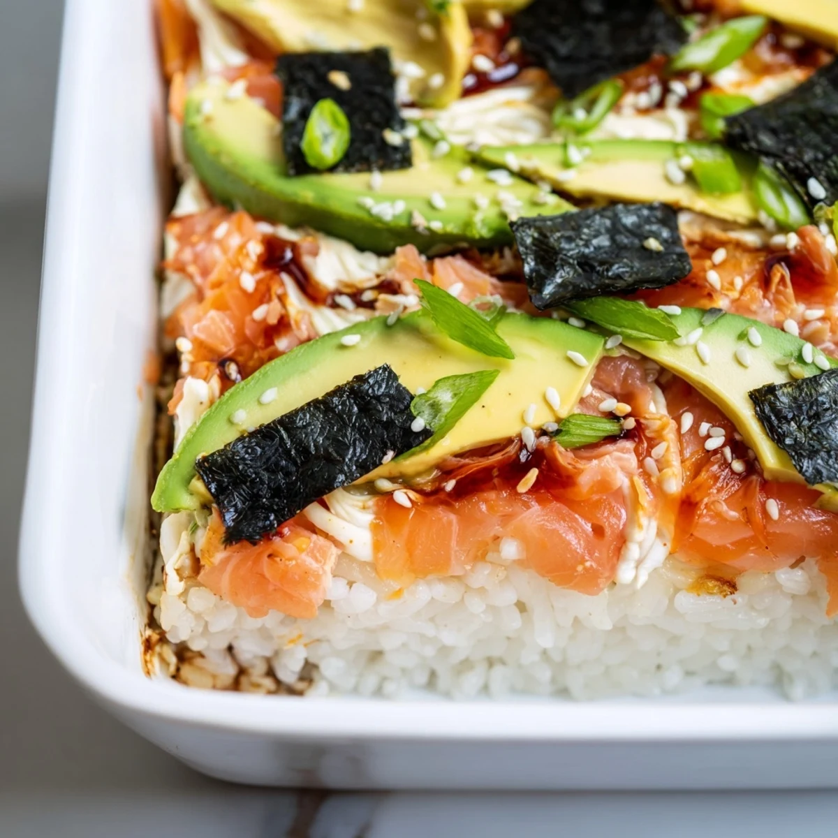 Beautifully baked Sushi Bake casserole, featuring seasoned rice, flaky salmon and a creamy topping, ready to eat.
