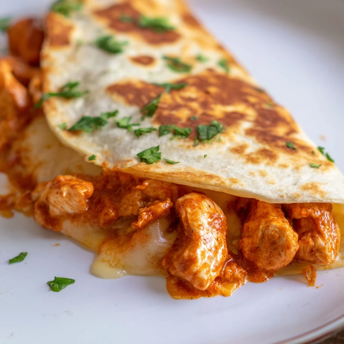 Mouthwatering Butter Chicken Quesadillas, a fusion delight with oozing cheese and warm chicken filling.