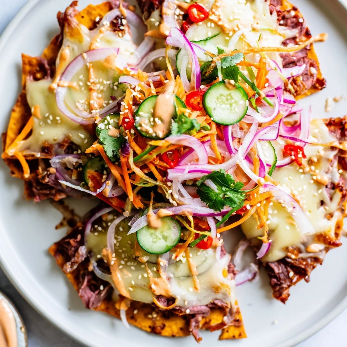 Korean BBQ Nachos topped with fresh cilantro and vibrant vegetables on a platter ready for sharing.