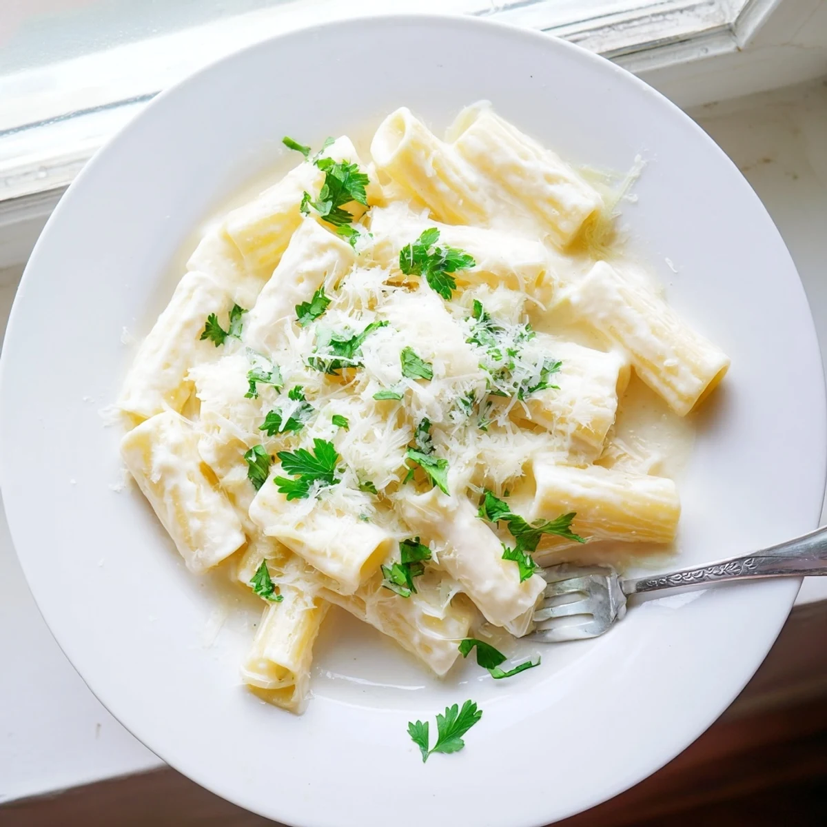 Serving suggestion for Creamy Milk Pasta One-Pot: plated with extra Parmesan and chopped parsley alongside a crisp green salad.