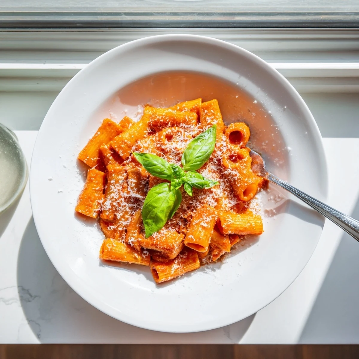 A close-up of a spoon lifting creamy Hidden Veggie Tomato Pasta Sauce from a rustic bowl.  